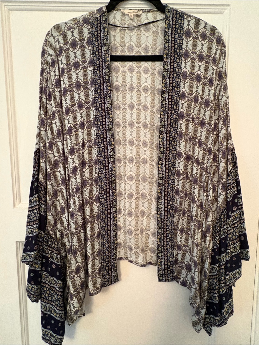 Mystree Boho Mixed Print Open Front Kimono Cardigan - One Size